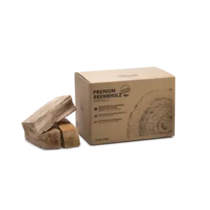 Papkasse med "Premium Brennholz" tekst, træsnit illustration, og brændestykker ved siden af.