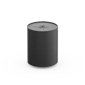 Sort, cylindrisk Höfats produkt med lys top og central åbning.