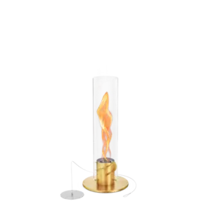 Bordpejs med klar glasindkapsling og guldfarvet base, flamme synlig indeni.
