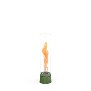 Moderne bordpejs med cylinderformet glas og flamme. Grøn base.