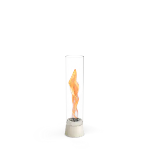 Cylinderformet glasindkapsling med flammespiral på cremefarvet base.