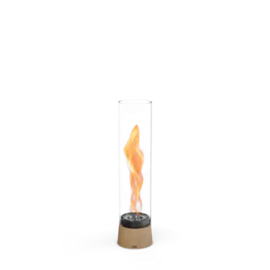 Bordpejs med spiralflamme i gennemsigtig cylinder, eg-lignende base, slankt og elegant design.