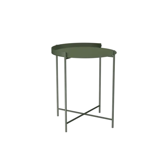 Rundt olivengrønt bakke-bord med slanke ben og minimalistisk design.