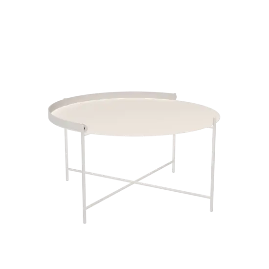 Rundt bakke-bord med muted hvid overflade og slanke krydsede ben.