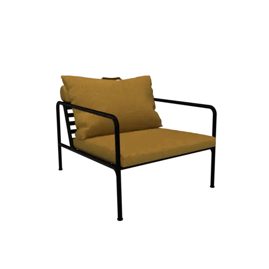 Stol med sort metalstel og gule puder i moderne design.