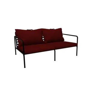 To-personers sofa med sort stel og mørkerøde puder.