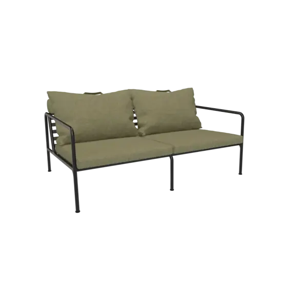 To-personers sofa med sort stel og lysegrønne puder.