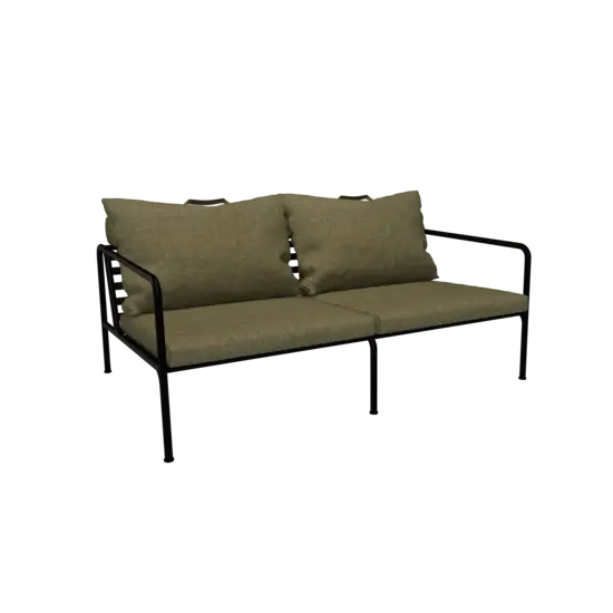 To-personers sofa med mosgrønne puder og sort metalstel.