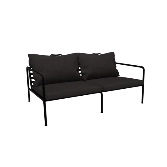 To-personers sofa med sort stel og skiferfarvede puder i moderne, minimalistisk design.