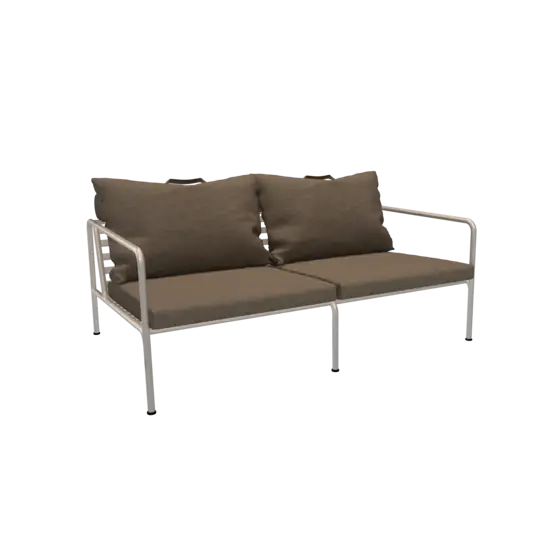 Toseater sofa med hvidt stel og askefarvede puder, minimalistisk og moderne design.