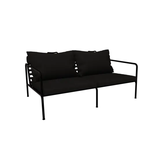 To-sædet sofa med mørkegrå puder og sort stel.