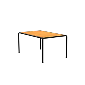 Rektangulært spisebord med fyrretræsplade og sorte ben, minimalistisk og moderne design.