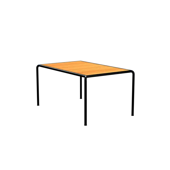 Rektangulært spisebord med fyrretræsplade og sorte ben, minimalistisk og moderne design.