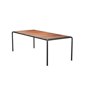 Spisebord med termotræ bordplade og sorte metalben. Moderne design, 222x98 cm.