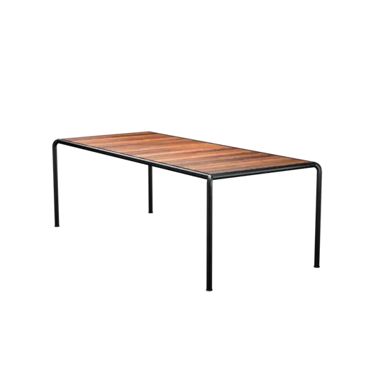 Spisebord med termotræ bordplade og sorte metalben. Moderne design, 222x98 cm.