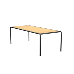 Rektangulært spisebord med lys fyrretræsplade og sort stel, minimalistisk design.