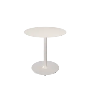 Rundt cafébord i dæmpet hvid med centralt stel og rund fod.