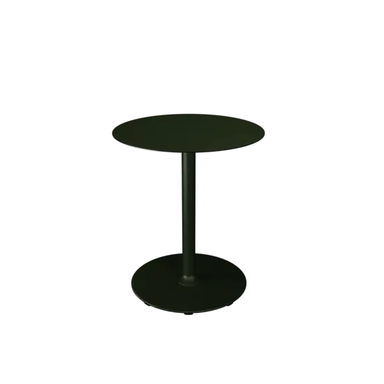 Rund cafébord med olivengrøn top og base, minimalistisk design.