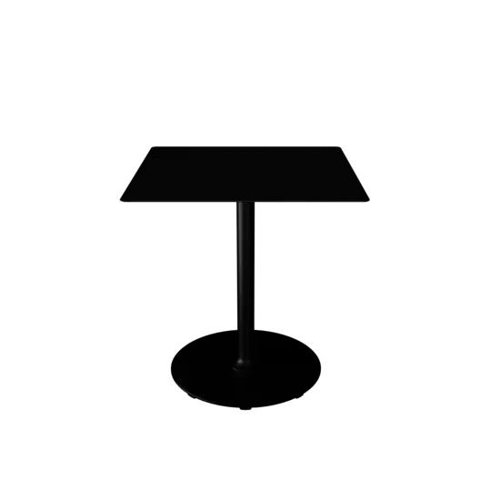 Sort cafébord med rundt stel og firkantet bordplade, minimalistisk design.