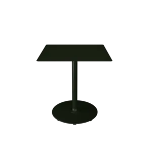 Rundt base, firkantet top cafébord i olivengrøn. Central søjle, minimalistisk design.