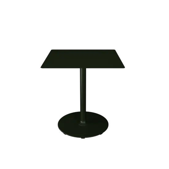 Rundt base, firkantet top cafébord i olivengrøn. Central søjle, minimalistisk design.