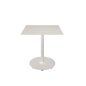 Hvidt, firkantet cafébord med rund fod og søjleben, enkelt design.