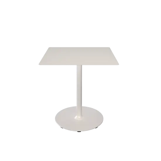 Hvidt, firkantet cafébord med rund fod og søjleben, enkelt design.