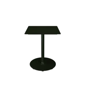 Olivengrøn cafébord med rundt stel og kvadratisk bordplade, minimalistisk design.