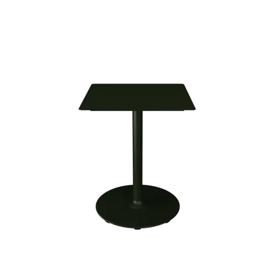 Olivengrøn cafébord med rundt stel og kvadratisk bordplade, minimalistisk design.