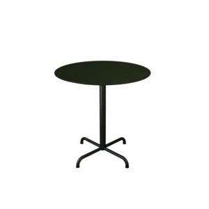 Rund cafébord med firestjernet fod i olivengrøn, minimalistisk design.