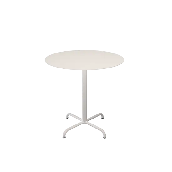 Rundt hvidt cafébord med firestjernet base, enkelt design.