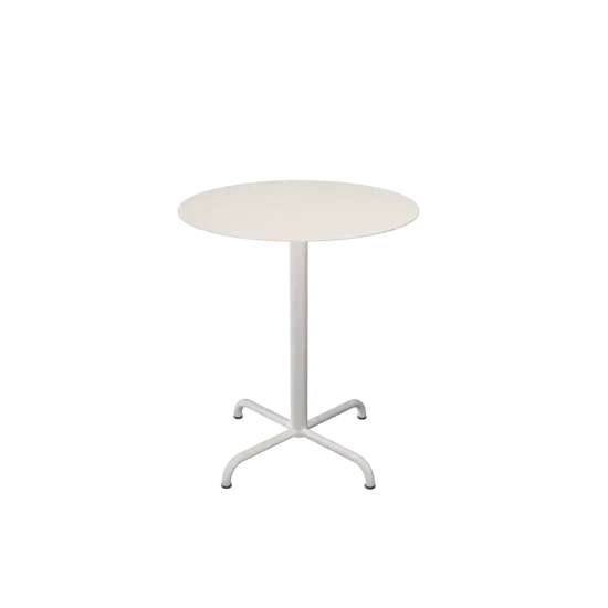 Rundt cafébord med firestjernet fod i afdæmpet hvid. Minimalistisk og moderne design.