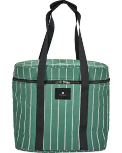 Grøn køletaske med hvide striber, lynlås, sorte håndtag og isolerende foring.