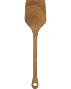 Spatel i naturligt træ med flad klinge, hul til ophængning og "house doctor" indgraveret på håndtaget.