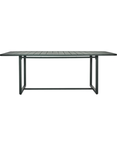 Rektangulært grønt bord med slat-top og robust ramme, ideelt til udendørs brug.