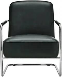 Mørkegrøn stol med skinnende metalramme, betrukne armlæn og tekstureret sæde og ryg.