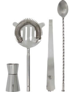 Sølv bartilbehør: jigger, strainer med fjeder, snoet røreske med skefunktion.