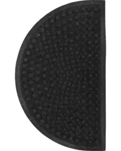 Halvrund sort dørmåtte med mønstret overflade af hævede cirkler, velegnet til indgangsdøre.