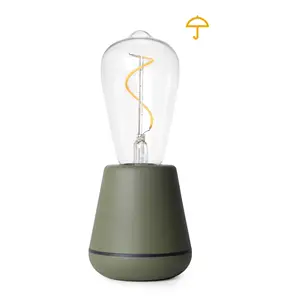 Bordlampe med grøn base, klar pære og synlig glødetråd. Paraplyikon indikerer udendørs brug.