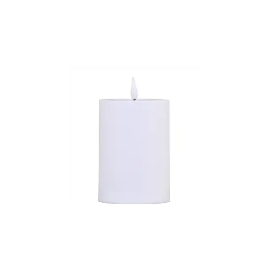 Hvid cylindrisk LED-bloklys med flammedesign, til udendørs brug inkl. batteri. Enkel stil.