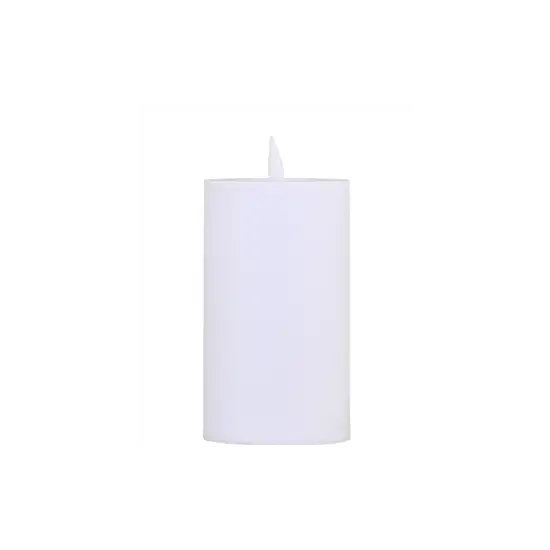 Hvidt, cylindrisk LED-lys med flammeformet top. Højde 30 cm, diameter 10 cm.