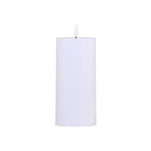 Hvidt cylindrisk LED-bloklys med flammeformet top, H35 x Ø10 cm, til udendørs brug inkl. batteri.