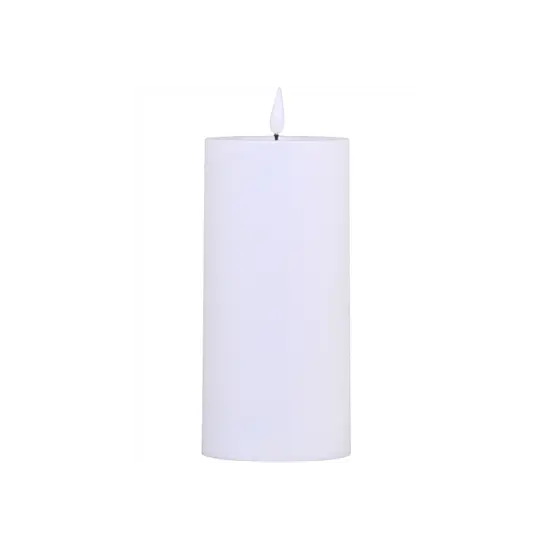 Hvidt cylindrisk LED-bloklys med flammeformet top, H35 x Ø10 cm, til udendørs brug inkl. batteri.