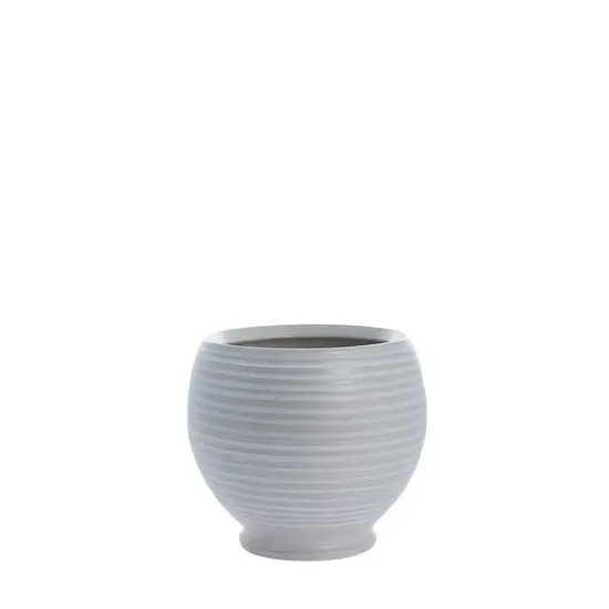 Rund grå keramisk skjuler med mat finish og hævet base, 20 cm høj.
