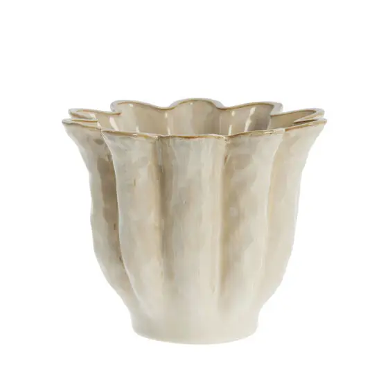 Keramisk potte med bølget kant, struktureret overflade og lys glasur, Ø19 cm. Rustikt look.