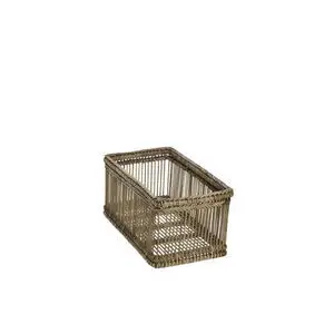 Rektangulær kurv med lodrette slats, vævet kant øverst og nederst, i naturfarve.