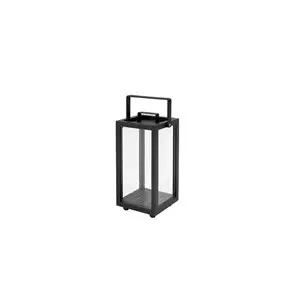 Rektangulær lanterne med klare paneler og håndtag, i mørkegrå aluminium.