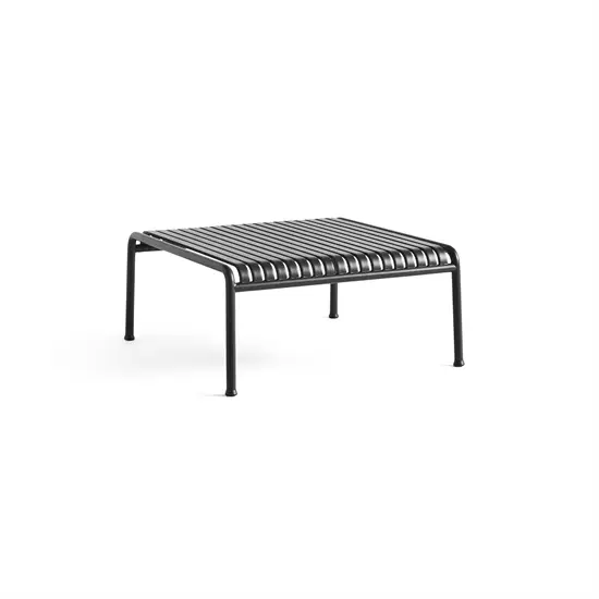 Lavt, rektangulært antracitbord med slatted overflade og minimalistisk design.