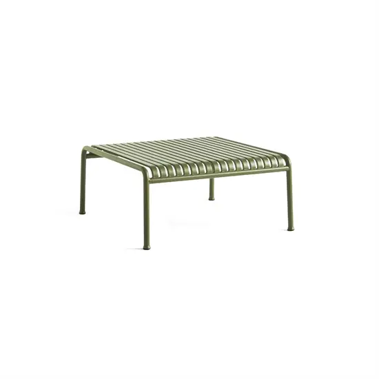 Olivengrøn lavt bord med slatted bordplade og minimalistisk design, fire ben.