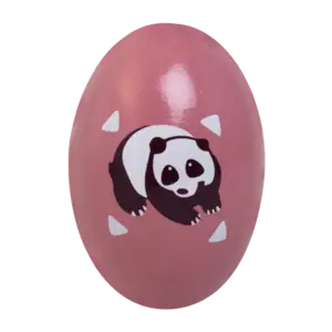 Oval rangleæg med glat overflade og panda motiv på lyserød baggrund.